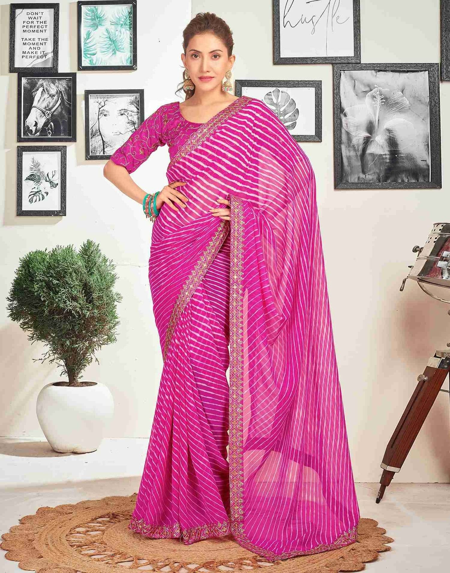 Nandini Creation Chiffon Striped Saree With Unstitched Blouse Piece ( Pink ) Nandini Creation Chiffon Striped Saree With Unstitched Blouse Piece ( Pink )