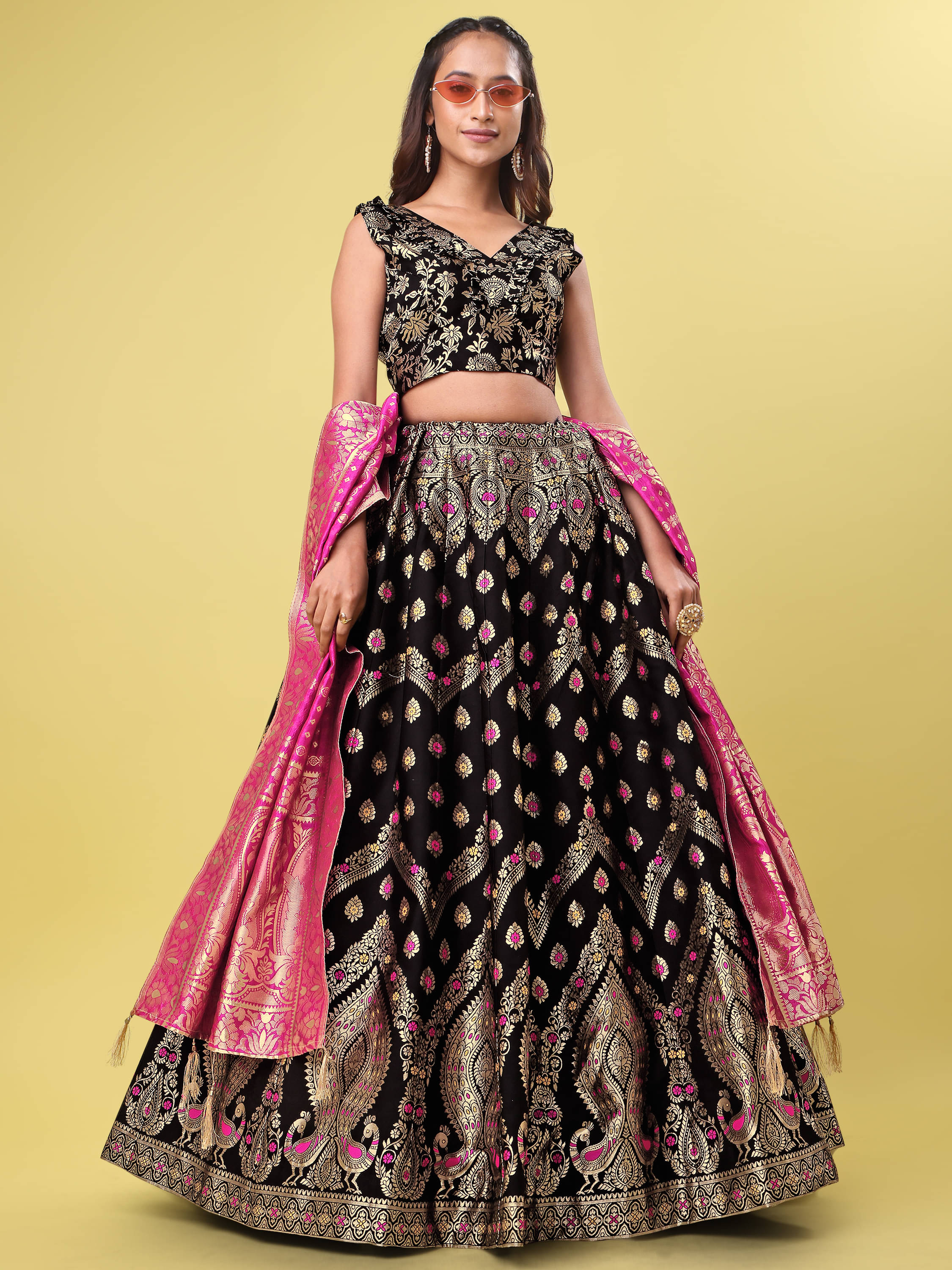 PURVAJA Black Jacquard Circular Semi Stitched Lehenga Single     			PURVAJA Black Jacquard Circular Semi Stitched Lehenga Single