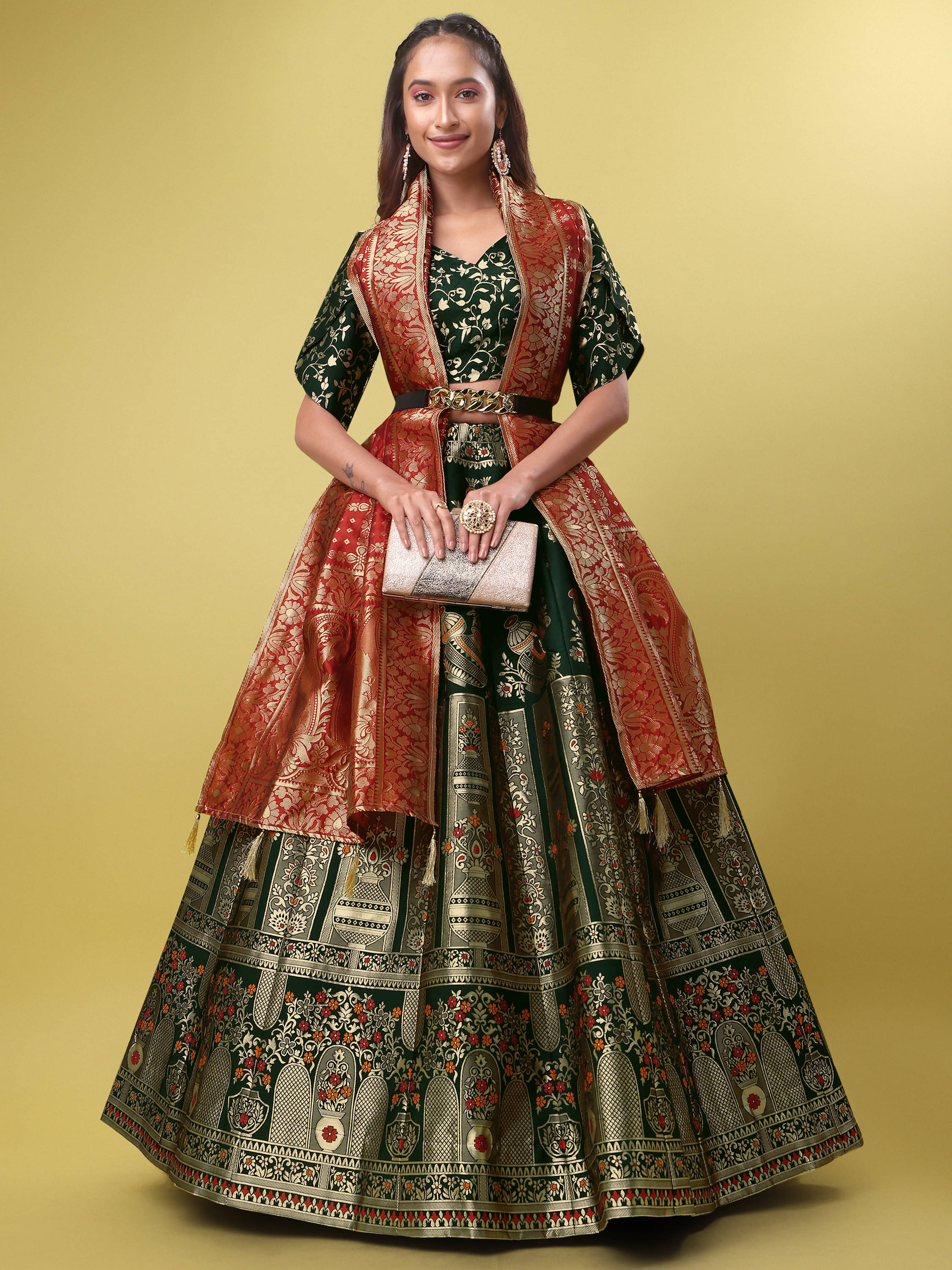 PURVAJA Green Jacquard Circular Semi Stitched Lehenga Single PURVAJA Green Jacquard Circular Semi Stitched Lehenga Single