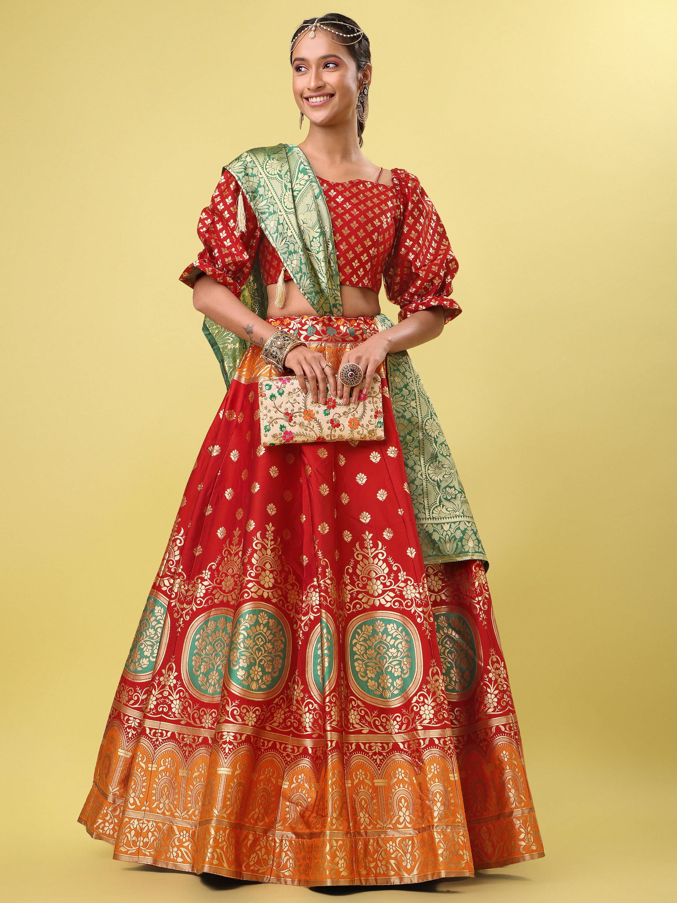 PURVAJA Red Jacquard Circular Semi Stitched Lehenga Single PURVAJA Red Jacquard Circular Semi Stitched Lehenga Single