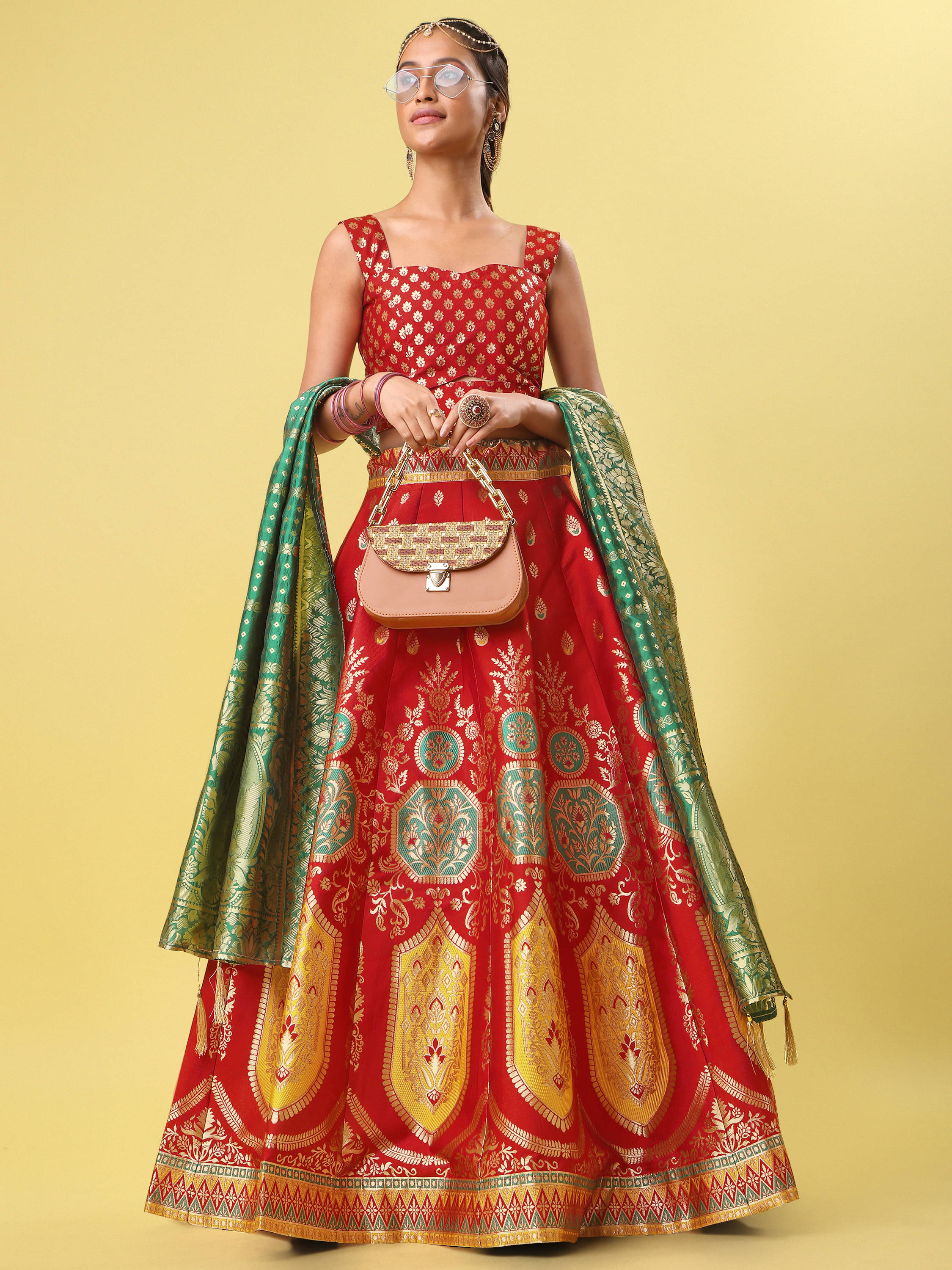 PURVAJA Red Jacquard Circular Semi Stitched Lehenga Single PURVAJA Red Jacquard Circular Semi Stitched Lehenga Single