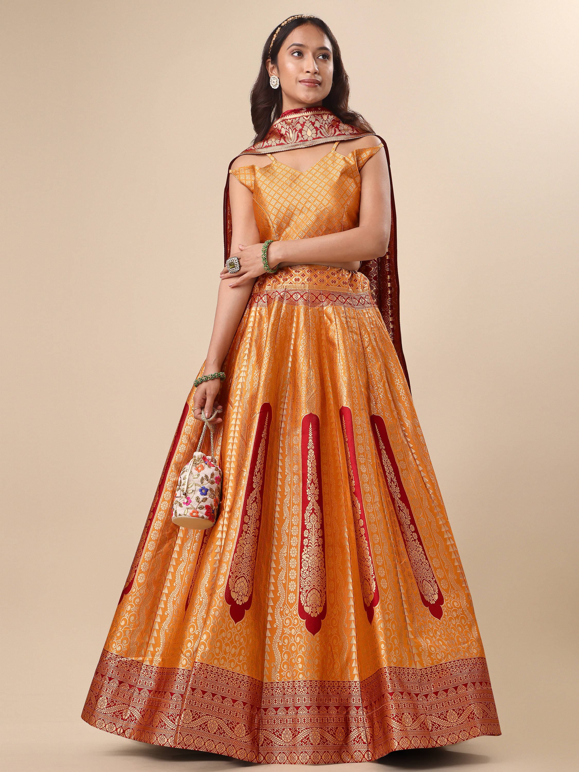 PURVAJA Yellow Jacquard Circular Semi Stitched Lehenga Single PURVAJA Yellow Jacquard Circular Semi Stitched Lehenga Single