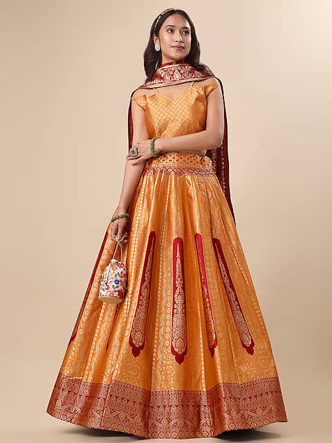PURVAJA Lehenga choli da donna in jacquard semi-cucito (Lotus), Blu navy, taglia unica PURVAJA Lehenga choli da donna in jacquard semi-cucito (Lotus), Blu navy, taglia unica