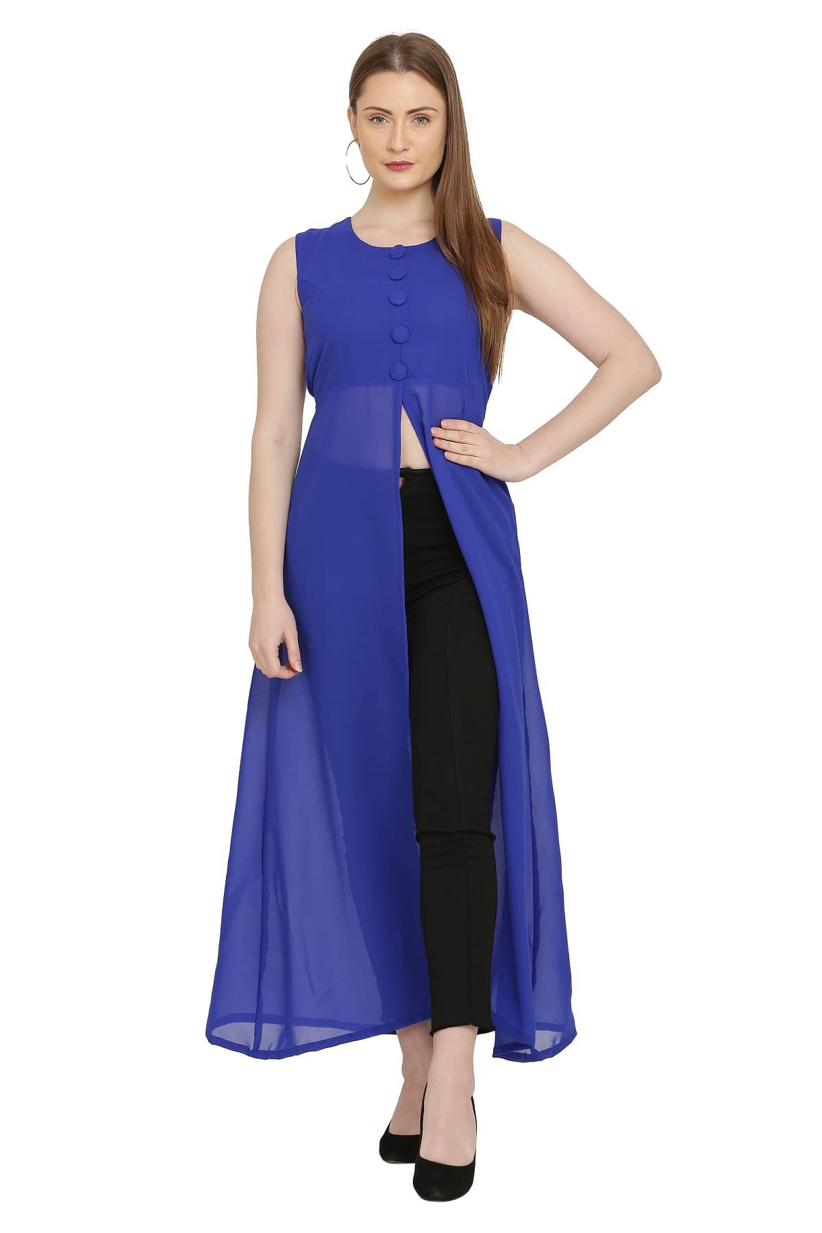     			READYON Women Georgette Solid Cut Out Dress ( Blue )