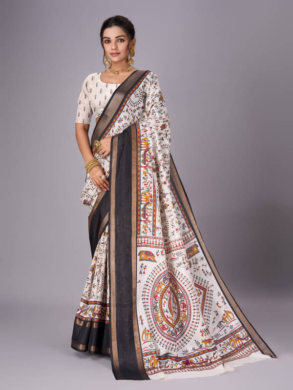 Sanwariya Silk Cotton Blend Printed Saree With Unstitched Blouse Piece ( Black )     			Sanwariya Silk Cotton Blend Printed Saree With Unstitched Blouse Piece ( Black )