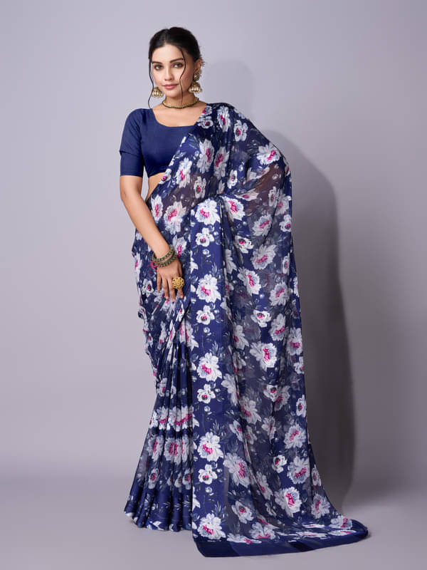 Sanwariya Silk Georgette Printed Saree With Unstitched Blouse Piece ( Navy Blue ) Sanwariya Silk Georgette Printed Saree With Unstitched Blouse Piece ( Navy Blue )