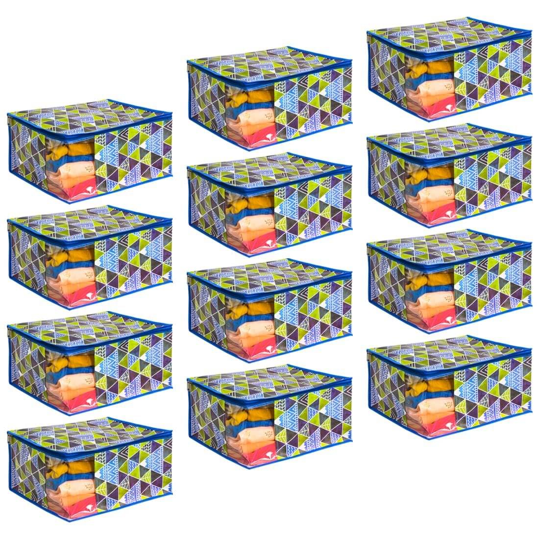     			Saree Cover Large with Creative Prints, Saree Storage Bag with Zip, Wardrobe Organiser Clothes Cover & Storage,  Trio Blue, Set of 12 pcs