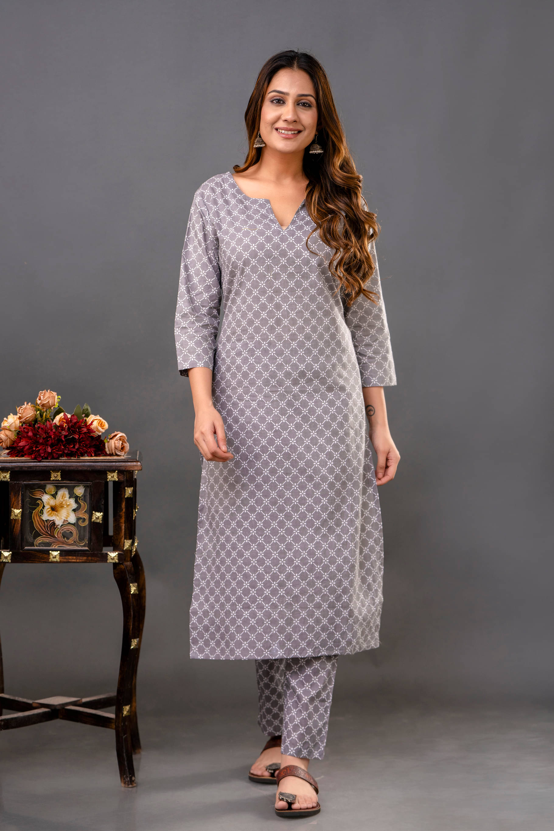     			Shivaradhya designers Cotton Printed Kurti With Pants Women's Stitched Salwar Suit - Grey ( Pack of 1 )