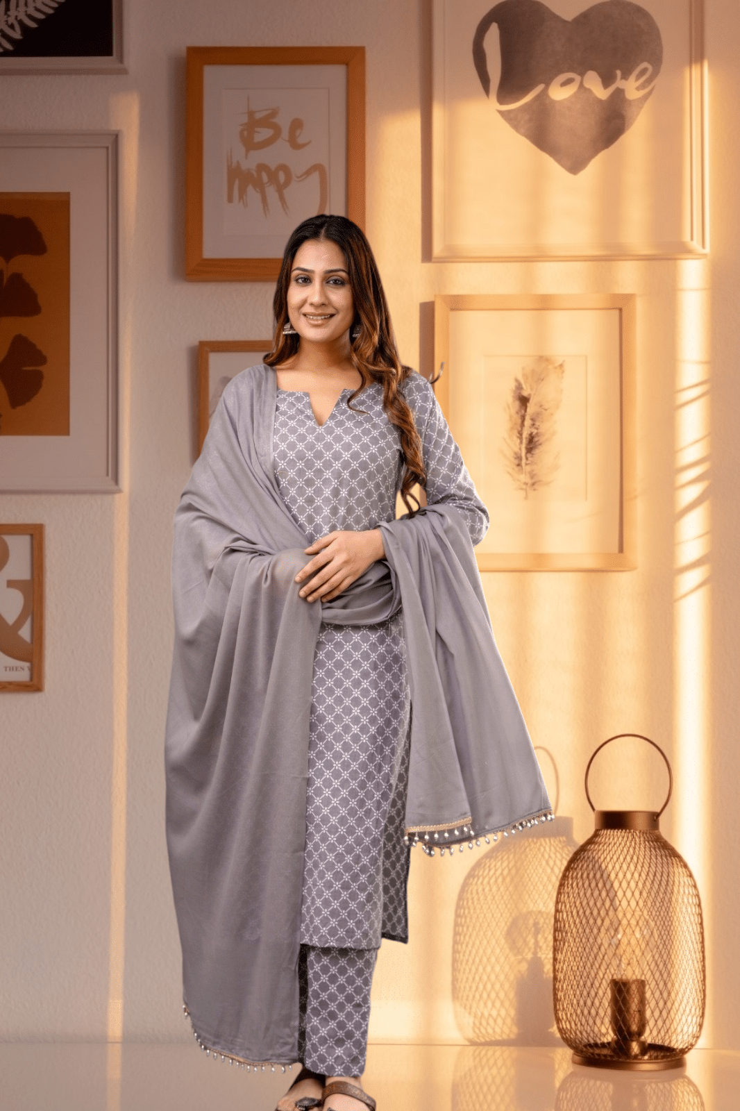     			Shivaradhya designers Cotton Printed Kurti With Pants Women's Stitched Salwar Suit - Grey ( Pack of 1 )
