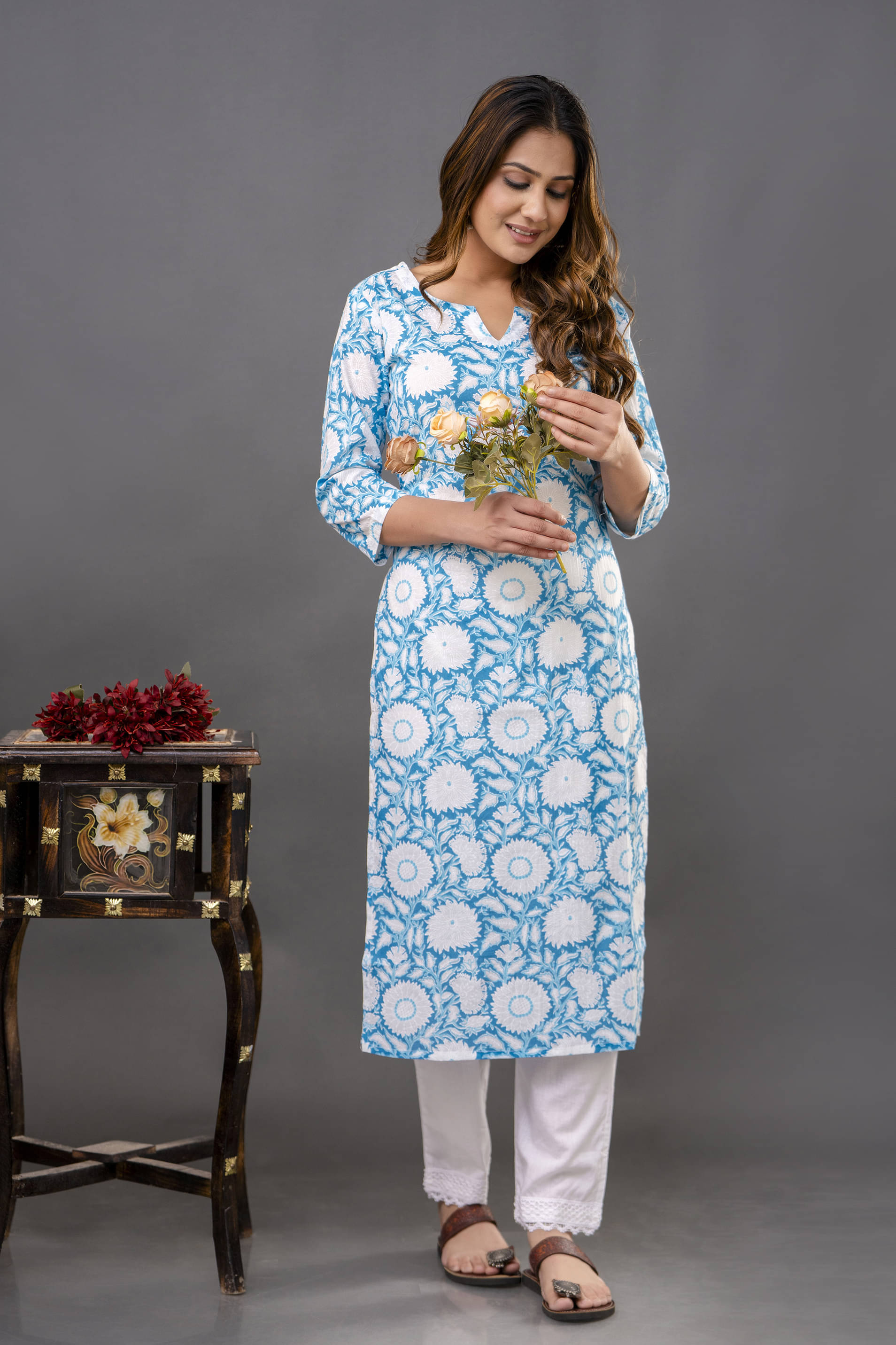     			Shivaradhya designers Cotton Printed Kurti With Pants Women's Stitched Salwar Suit - Light Blue ( Pack of 1 )