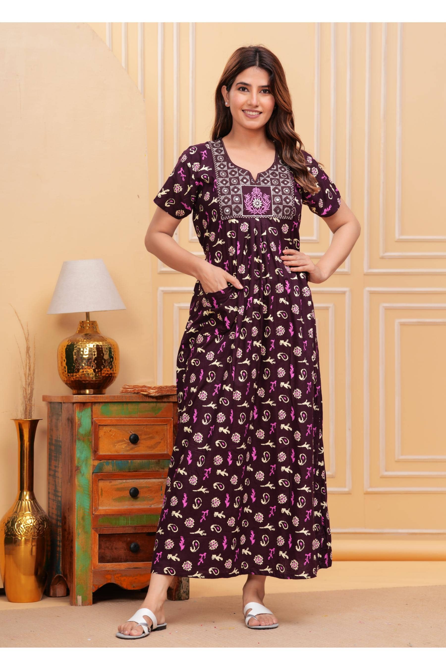 Shri Krishna Fabric Coffee Cotton Women's Nightwear Nighty & Night Gowns ( Pack of 1 ) - Nightwear & Loungewear | Buy online on ZillyBuy