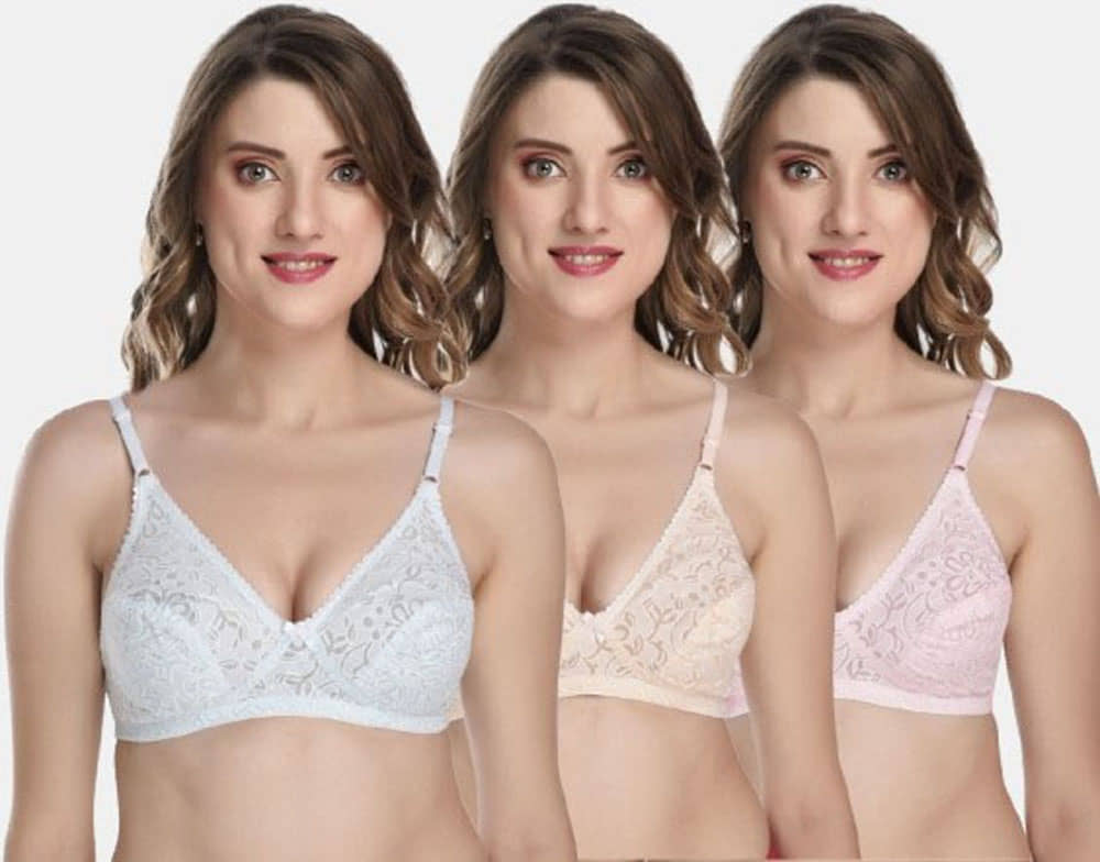 Softskin Pack of 3 Cotton Blend Non Padded Women's Everyday Bra ( Multicolor ) Women_Everyday_Cotton_Seamed_Non_Padded_Self_Design_Bra