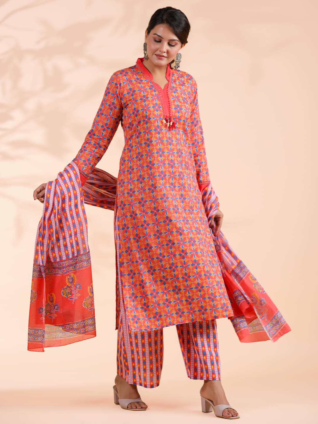 Vbuyz Cotton Printed Kurti With Palazzo Women's Stitched Salwar Suit - Orange ( Pack of 1 )     			Vbuyz Cotton Printed Kurti With Palazzo Women's Stitched Salwar Suit - Orange ( Pack of 1 )
