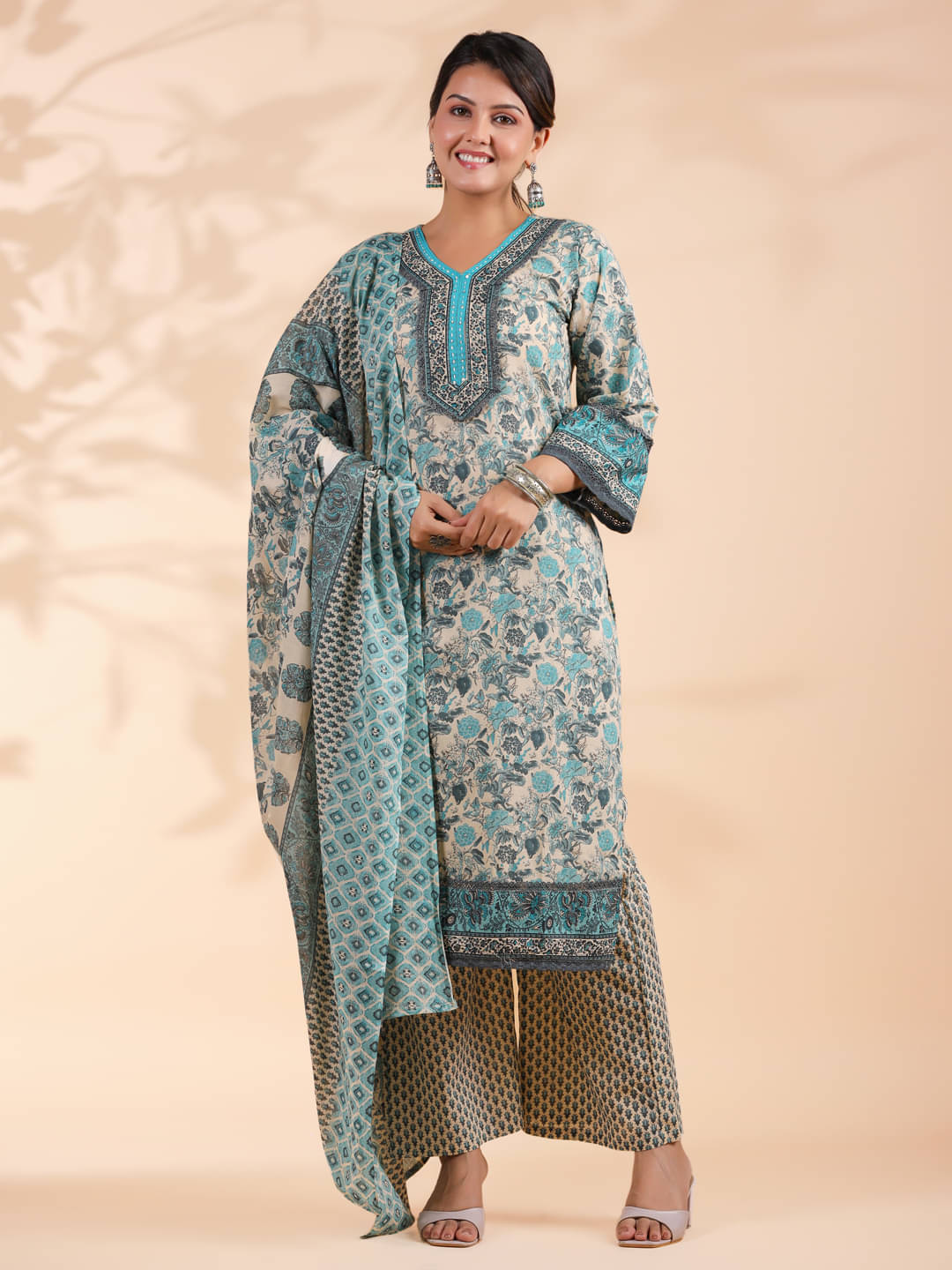 Vbuyz Cotton Printed Kurti With Palazzo Women's Stitched Salwar Suit - Turquoise ( Pack of 1 )     			Vbuyz Cotton Printed Kurti With Palazzo Women's Stitched Salwar Suit - Turquoise ( Pack of 1 )