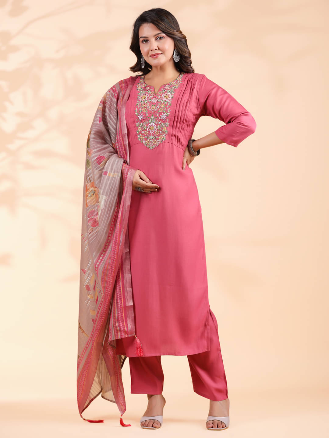 Vbuyz Silk Blend Embroidered Kurti With Pants Women's Stitched Salwar Suit - Pink ( Pack of 1 ) Vbuyz Silk Blend Embroidered Kurti With Pants Women's Stitched Salwar Suit - Pink ( Pack of 1 )