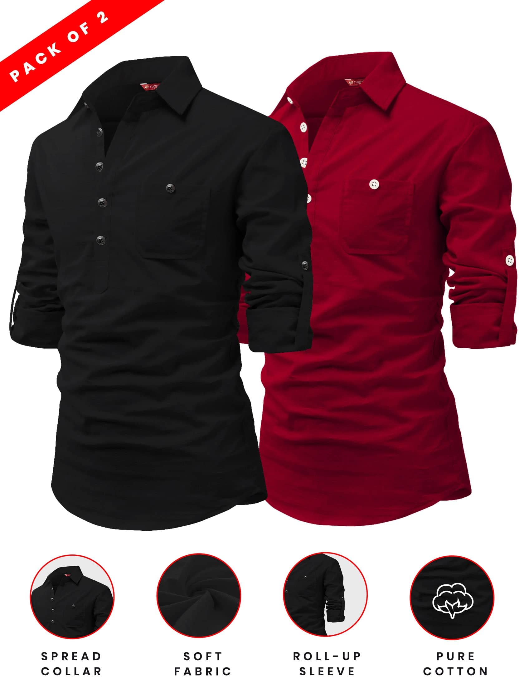 Yugnik Red Cotton Men's Shirt Style Kurta ( Pack of 2 ) - Kurtas & Kurta Sets | Buy online on ZillyBuy