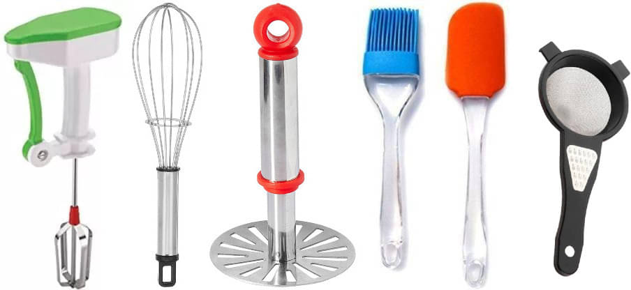     			omortex Multicolor Virgin Plastic Blender, Whisk, Masher, Spatula, Brush, Strainer ( Set of 6 )