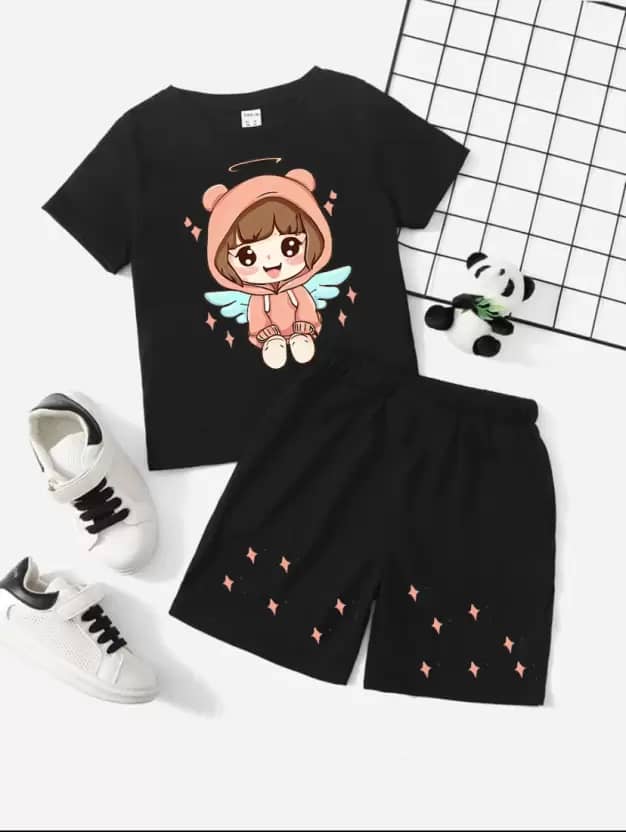 CUTEVIBE Pack of 1 Girls Cotton Blend Top With Shorts ( Black )