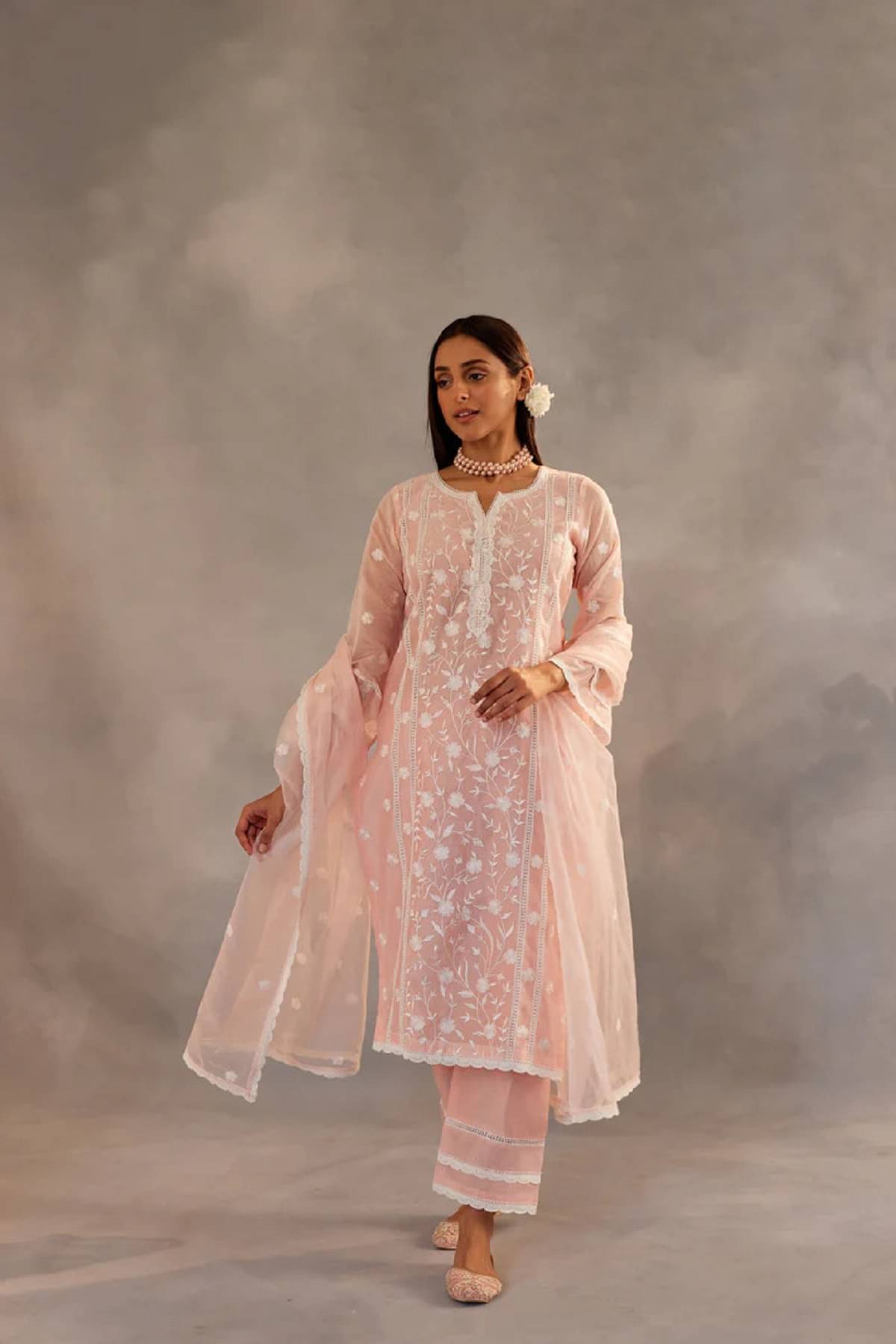     			Gazal Fashions Organza Embroidered Kurti With Palazzo Women's Stitched Salwar Suit - Peach ( Pack of 1 )