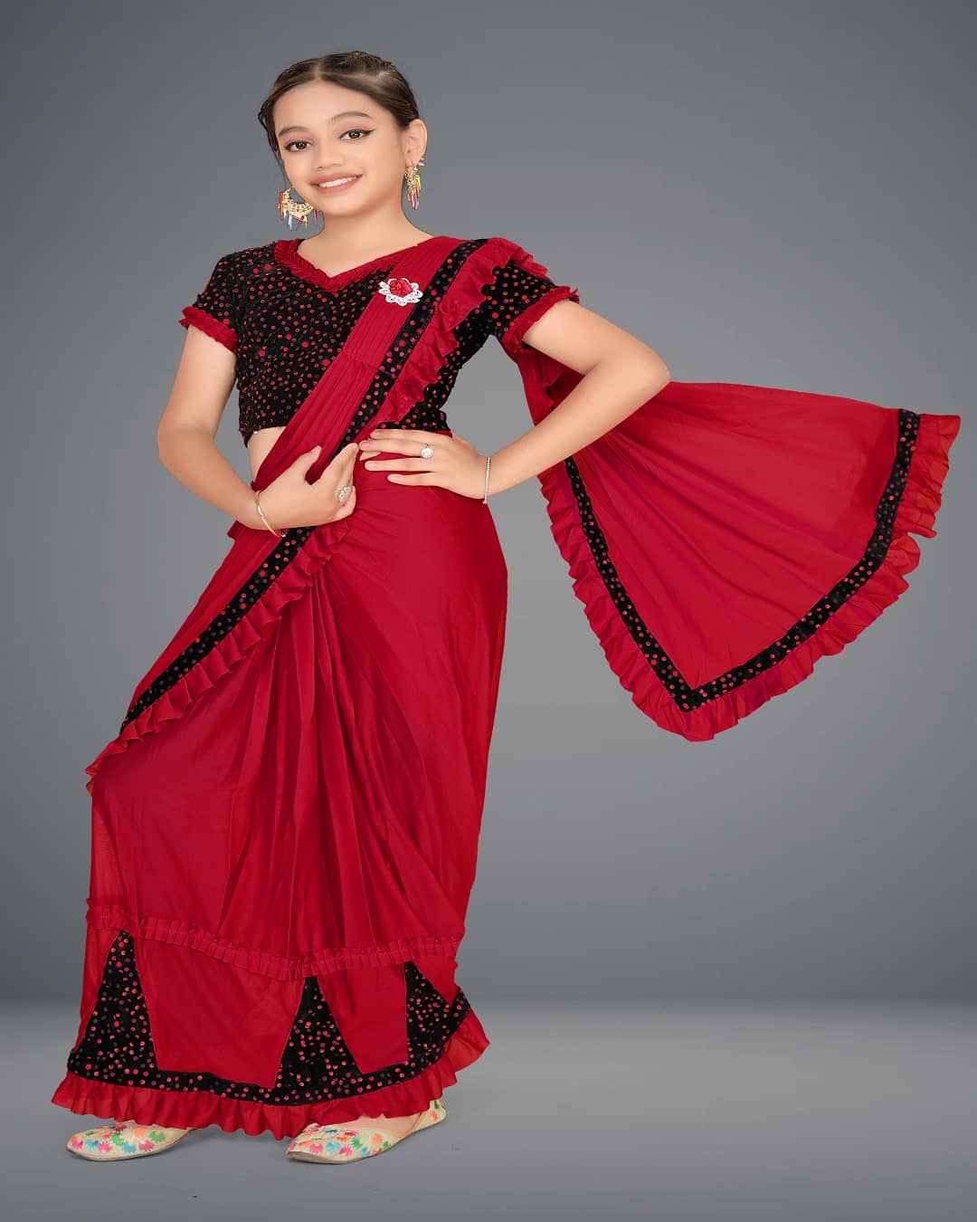 HARPITA Lycra Classic Saree For Girls ( Dark Red , Pack of 1 )