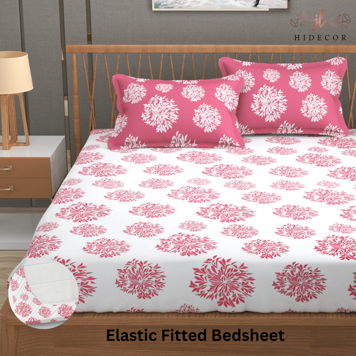 HIDECOR Microfibre Polka Dots Fitted Fitted bedsheet with 2 Pillow Covers ( King Size ) - Baby Pink
