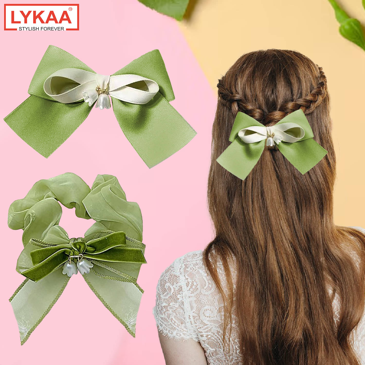     			Lykaa Satin Silk Layered Hair Bow Clip and Hair Scrunchies Combo For Women Girls -2 Pcs (Green)