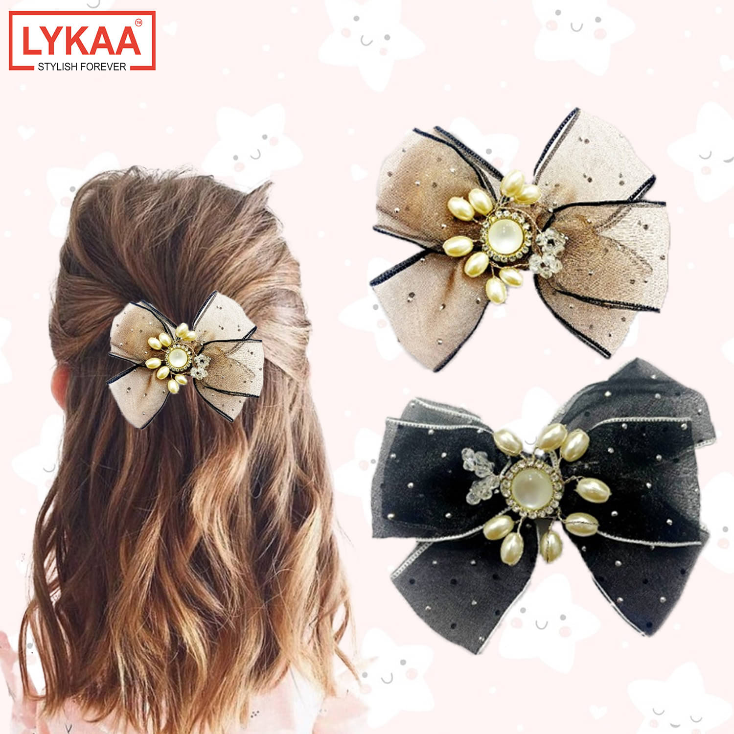     			Lykaa Stylish Versatile Pearl Bow Hair Clips with Rhinestones Brotch (Pack of 2) Multicolor