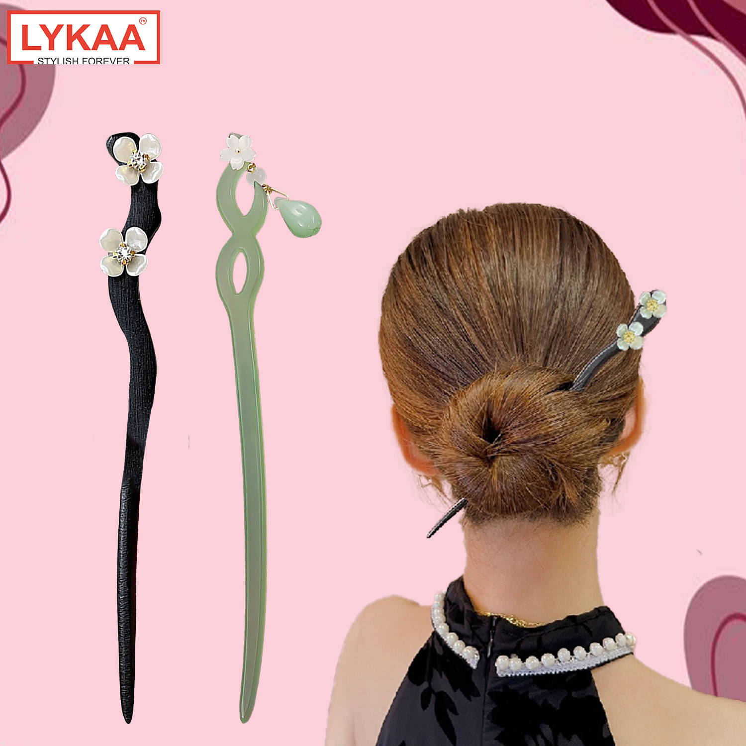     			Lykaa Wooden Resin Juda Pin Hair Sticks Buns Hair Accessories for Women Girls - 2Pcs (Green/Black)