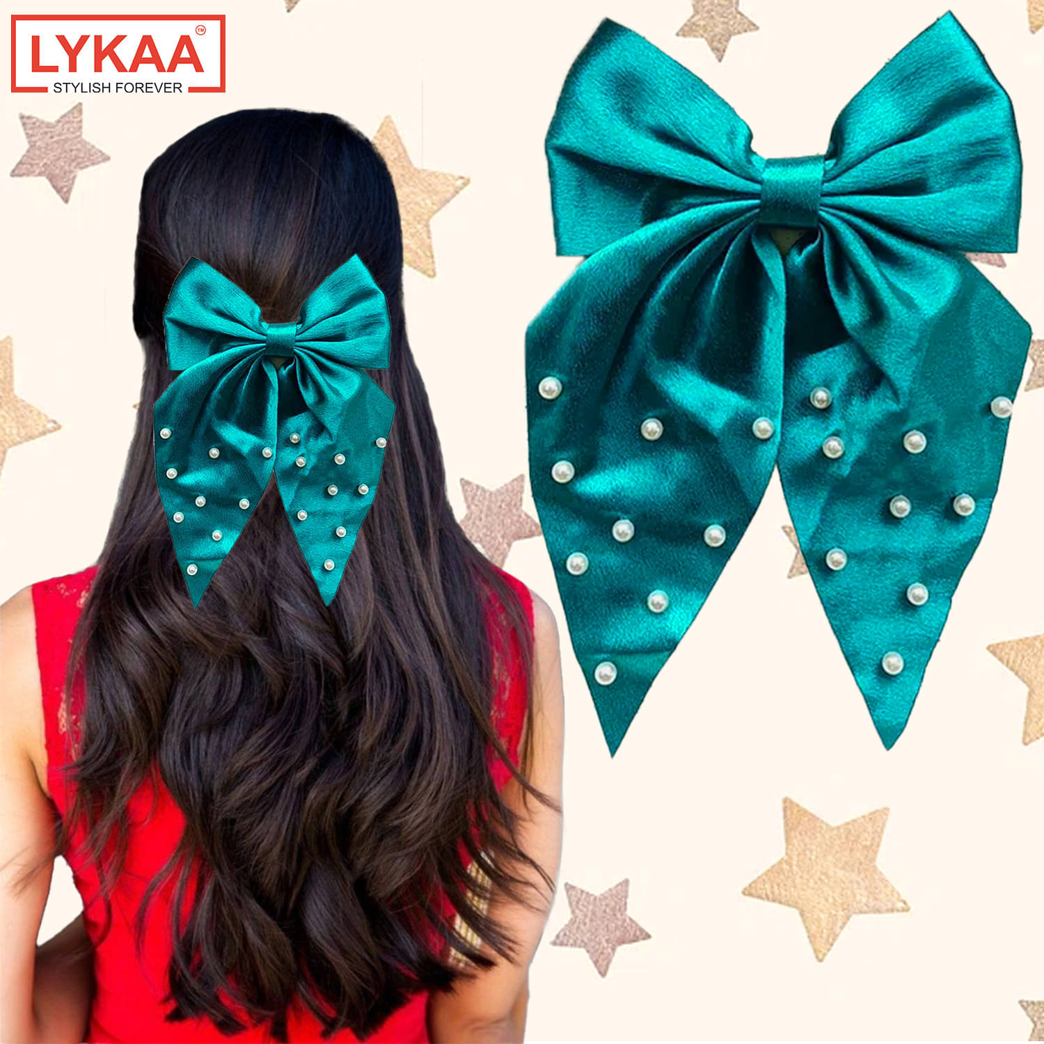     			Lykaa Large Satin Hair Bow with Pearls Longtail Clips Hair Accessories for Women -1 Pcs (Multicolor)