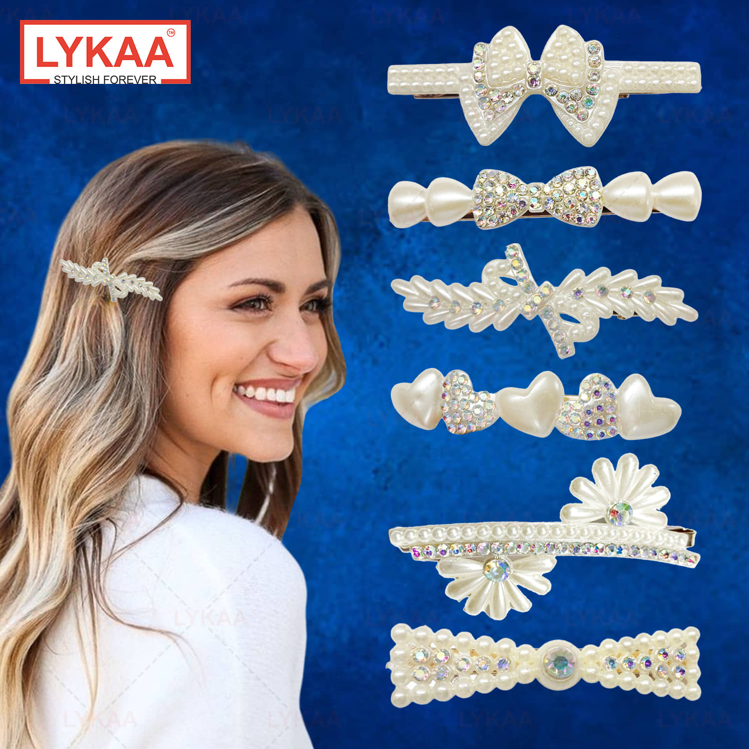 Lykaa Stylish fancy Pearl Hair Clips Rhinestone Crystal Hair Pins For Girls and Women - Pack of 6 - Jewellery Sets | Buy online on ZillyBuy