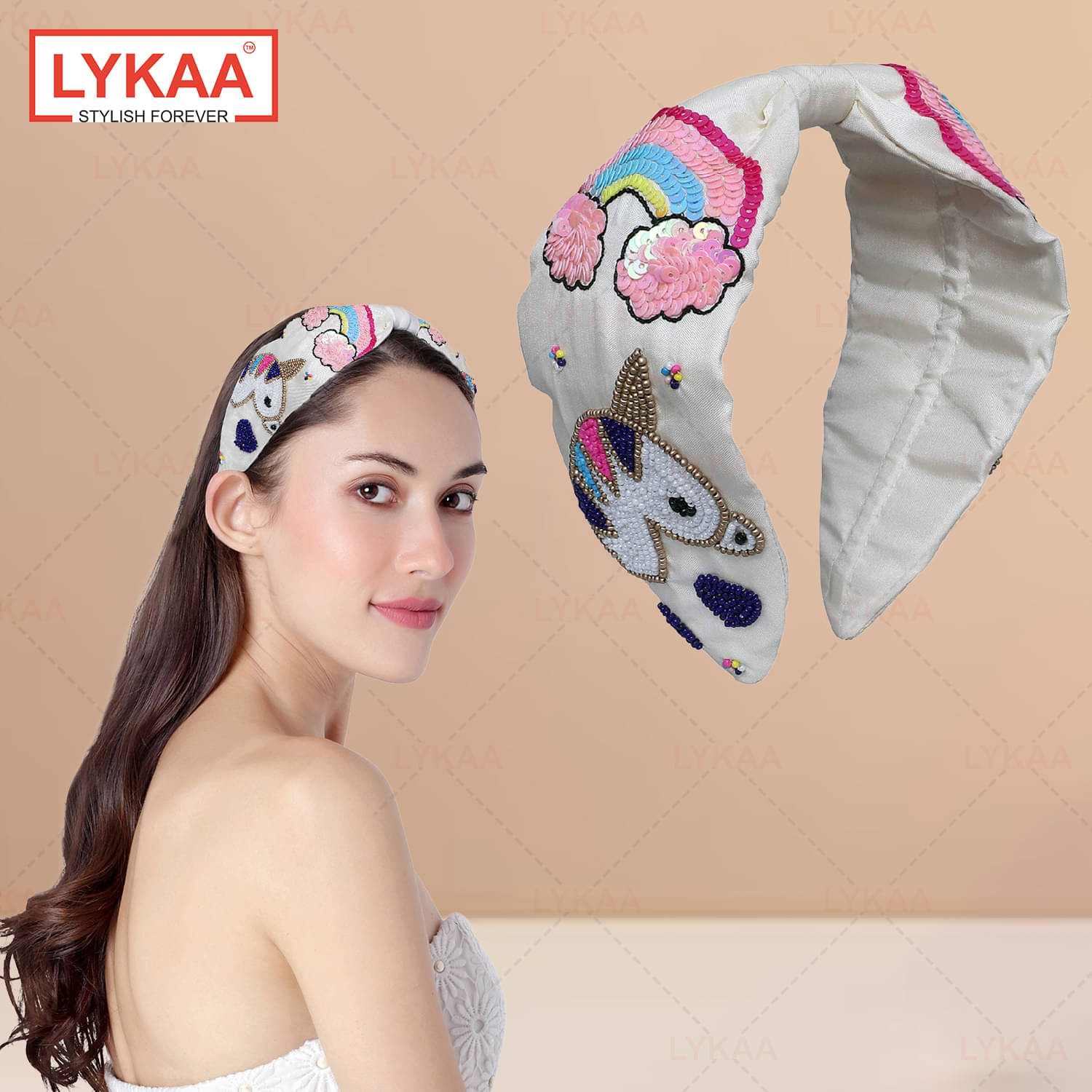     			Lykaa Beaded Hair Band With Unicorn Hand Made Embroidery For Girls And Women (Pack Of 1) White