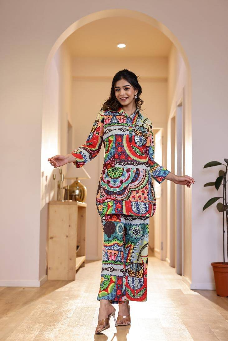     			Label Flavia Women Printed Top With Trousers Co-Ord Set ( Multi Color )