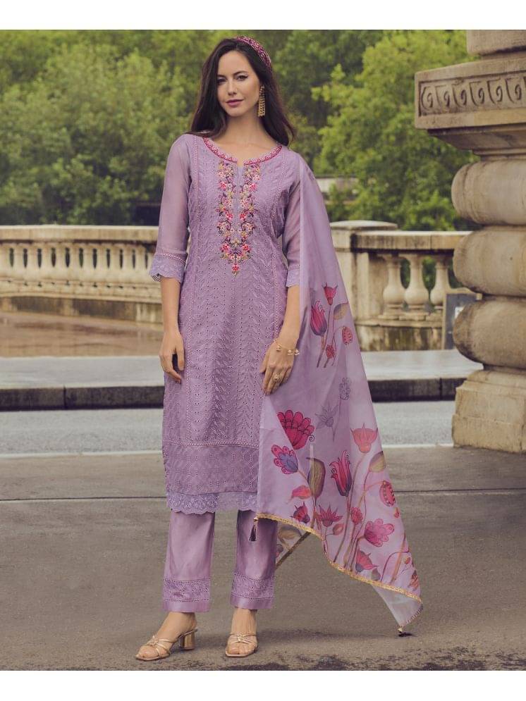 MOJILAA Chanderi Embroidered Kurti With Pants Women's Stitched Salwar Suit - Lavender ( Pack of 1 )     			MOJILAA Chanderi Embroidered Kurti With Pants Women's Stitched Salwar Suit - Lavender ( Pack of 1 )