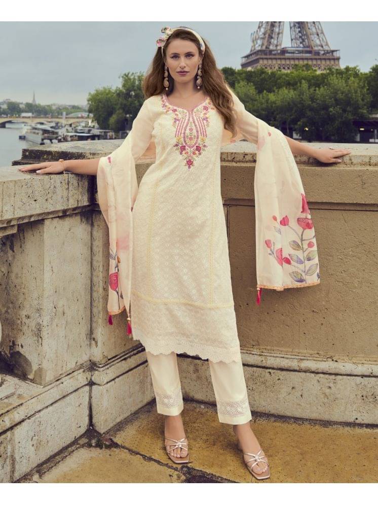 MOJILAA Chanderi Embroidered Kurti With Pants Women's Stitched Salwar Suit - Off White ( Pack of 1 ) MOJILAA Chanderi Embroidered Kurti With Pants Women's Stitched Salwar Suit - Off White ( Pack of 1 )