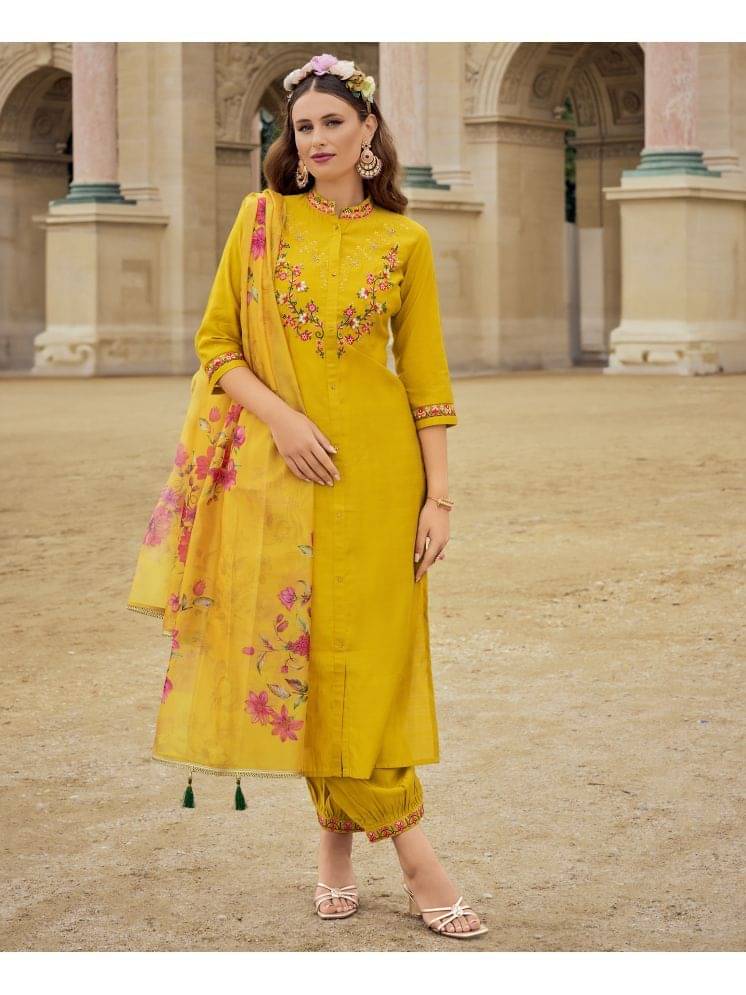 MOJILAA Silk Blend Embroidered Kurti With Salwar Women's Stitched Salwar Suit - Mustard ( Pack of 1 ) MOJILAA Silk Blend Embroidered Kurti With Salwar Women's Stitched Salwar Suit - Mustard ( Pack of 1 )