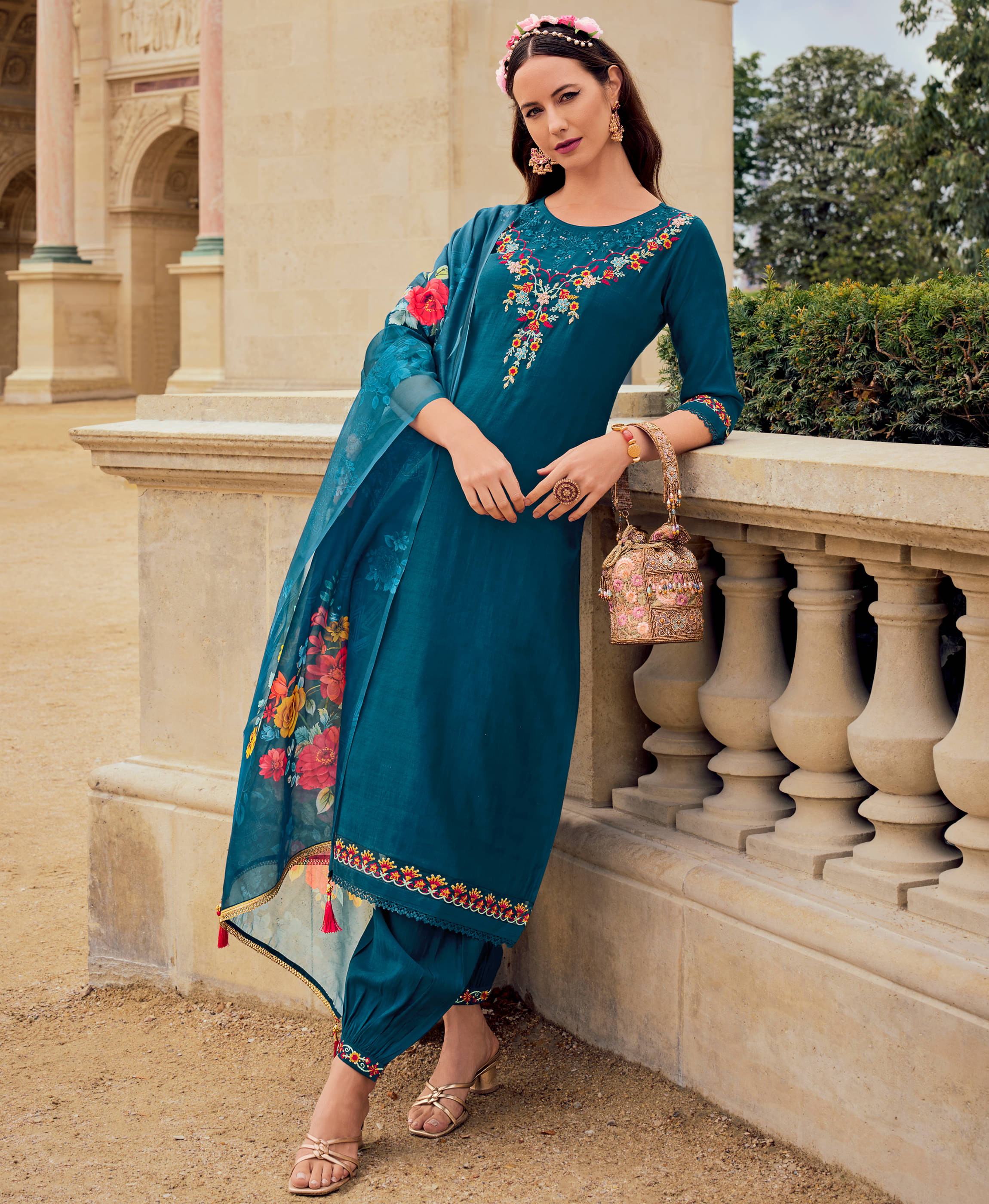     			MOJILAA Silk Blend Embroidered Kurti With Salwar Women's Stitched Salwar Suit - Blue ( Pack of 1 )