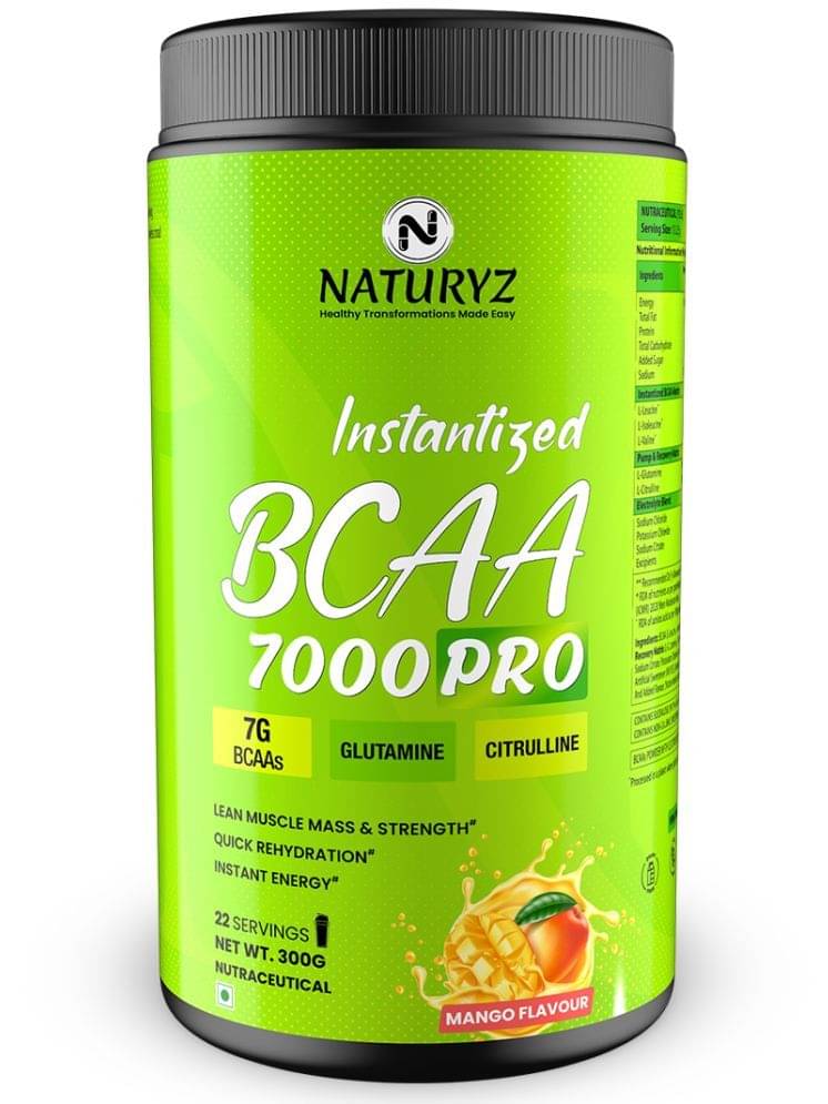 NATURYZ Instantized BCAA 7000 PRO With 7G BCAAs Glutamine For Lean Muscle Mass, Energy - 300g(Mango) NATURYZ Instantized BCAA 7000 PRO With 7G BCAAs Glutamine For Lean Muscle Mass, Energy - 300g(Mango)