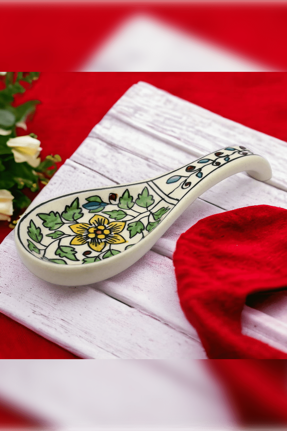    			RAFOLEEN Spoon Rest Ceramic Printed Serving Spoon Dark Green ( Pack of 1 )