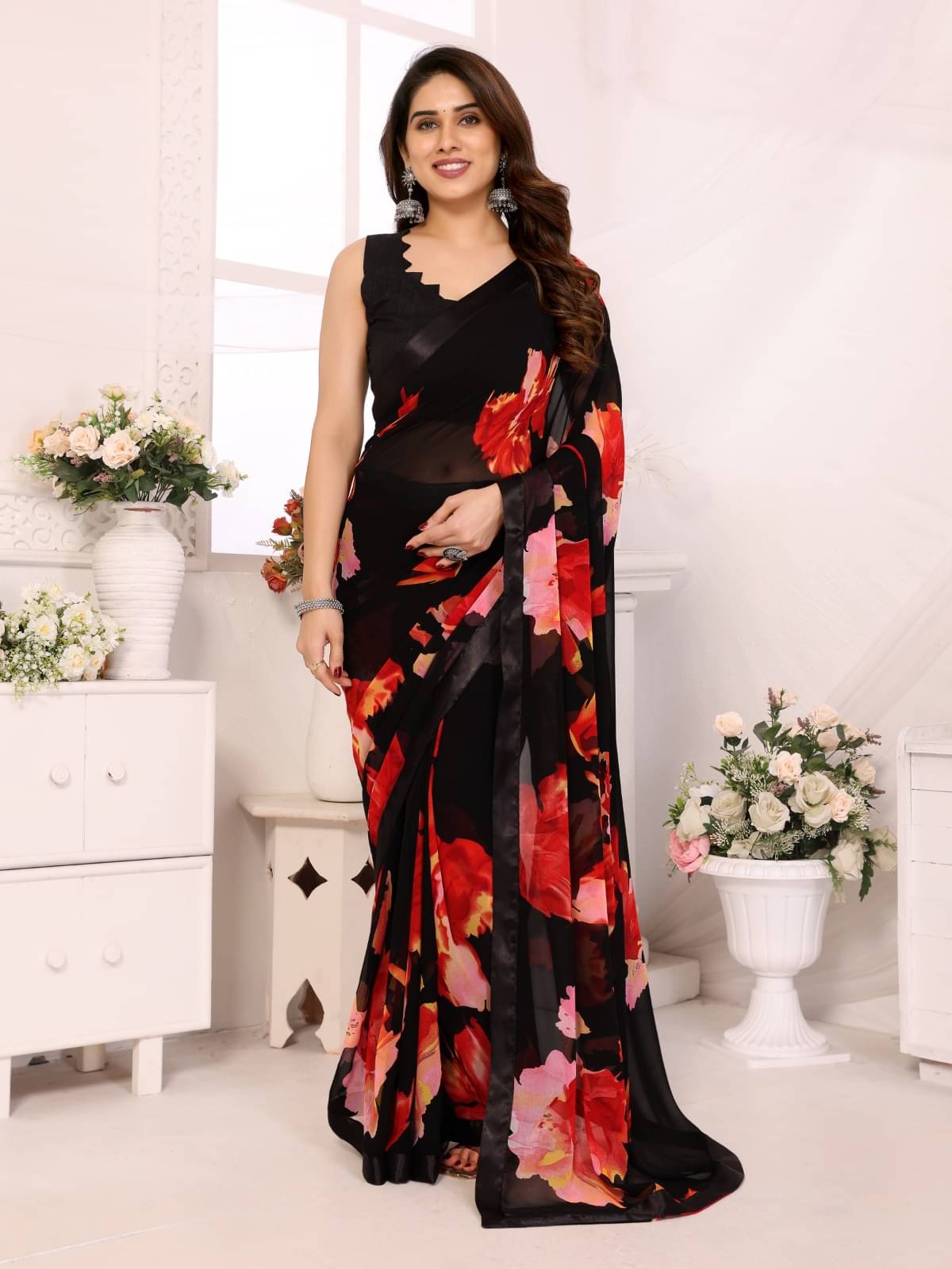 BLEESBURY Chiffon Printed Saree With Unstitched Blouse Piece ( Black ) BLEESBURY Chiffon Printed Saree With Unstitched Blouse Piece ( Black )