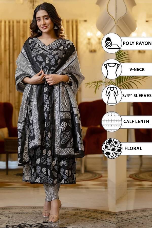 THE FAB FACTORY Rayon Printed Kurti With Pants Women's Stitched Salwar Suit - Charcoal ( Pack of 1 ) THE FAB FACTORY Rayon Printed Kurti With Pants Women's Stitched Salwar Suit - Charcoal ( Pack of 1 )