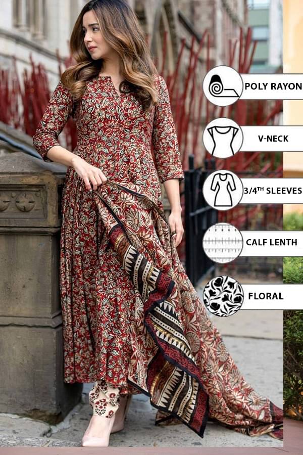 THE FAB FACTORY Rayon Printed Kurti With Pants Women's Stitched Salwar Suit - Maroon ( Pack of 1 ) THE FAB FACTORY Rayon Printed Kurti With Pants Women's Stitched Salwar Suit - Maroon ( Pack of 1 )