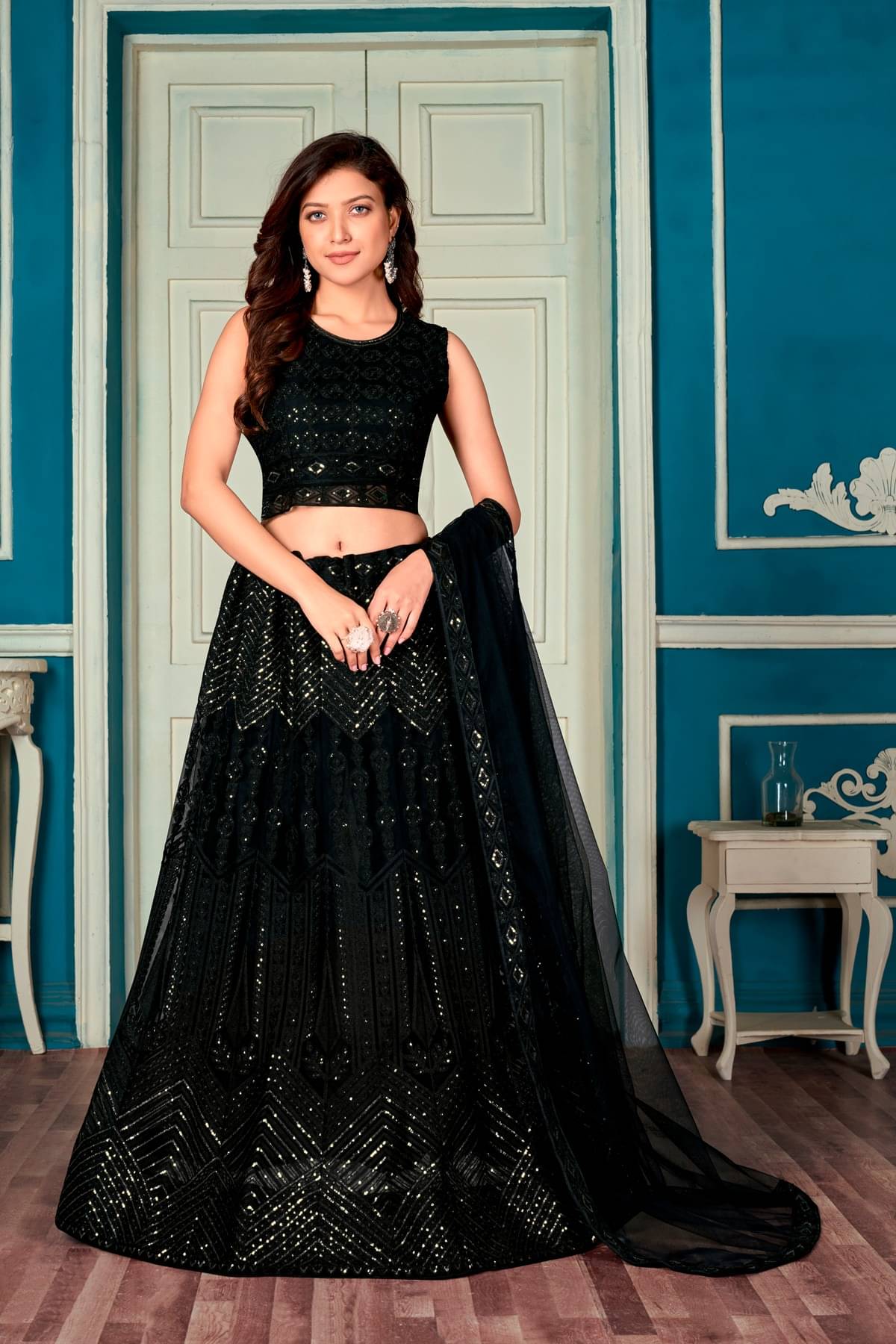     			Varni Fabrics Black Net Chaniya Choli Semi Stitched Lehenga Single