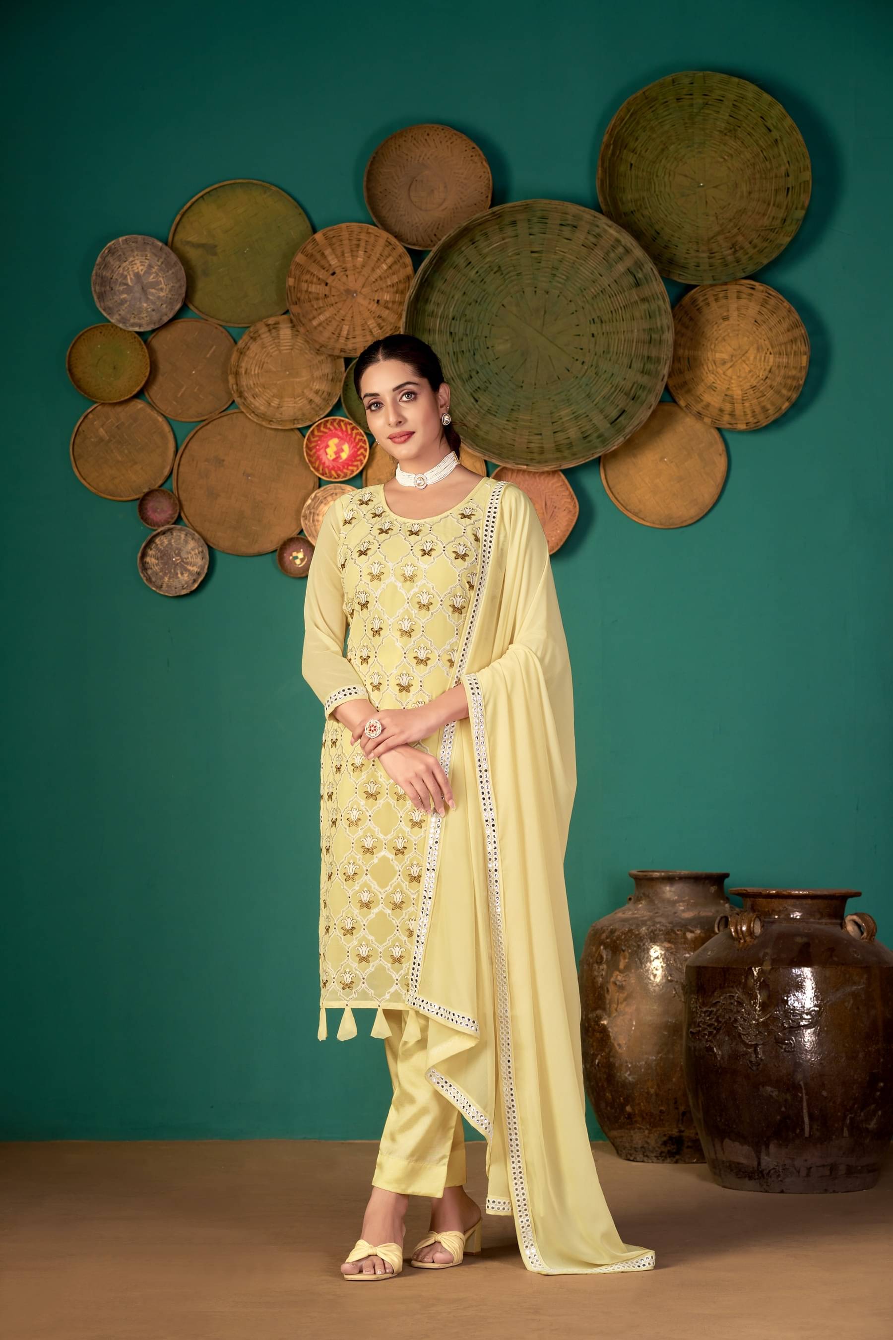 Varni Fabrics Unstitched Georgette Embellished Dress Material - Yellow ( Pack of 1 ) Varni Fabrics Unstitched Georgette Embellished Dress Material - Yellow ( Pack of 1 )