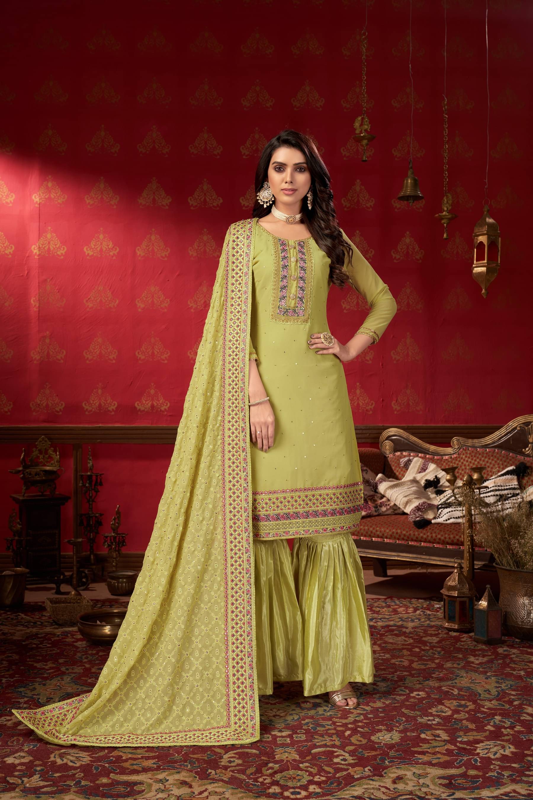 Varni Fabrics Unstitched Georgette Embroidered Dress Material - Lime Green ( Pack of 1 ) Varni Fabrics Unstitched Georgette Embroidered Dress Material - Lime Green ( Pack of 1 )