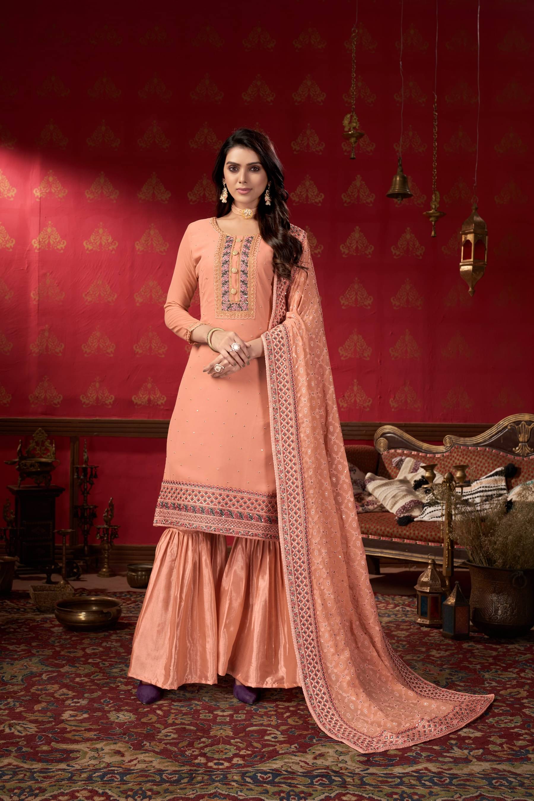 Varni Fabrics Unstitched Georgette Embroidered Dress Material - Peach ( Pack of 1 ) Varni Fabrics Unstitched Georgette Embroidered Dress Material - Peach ( Pack of 1 )