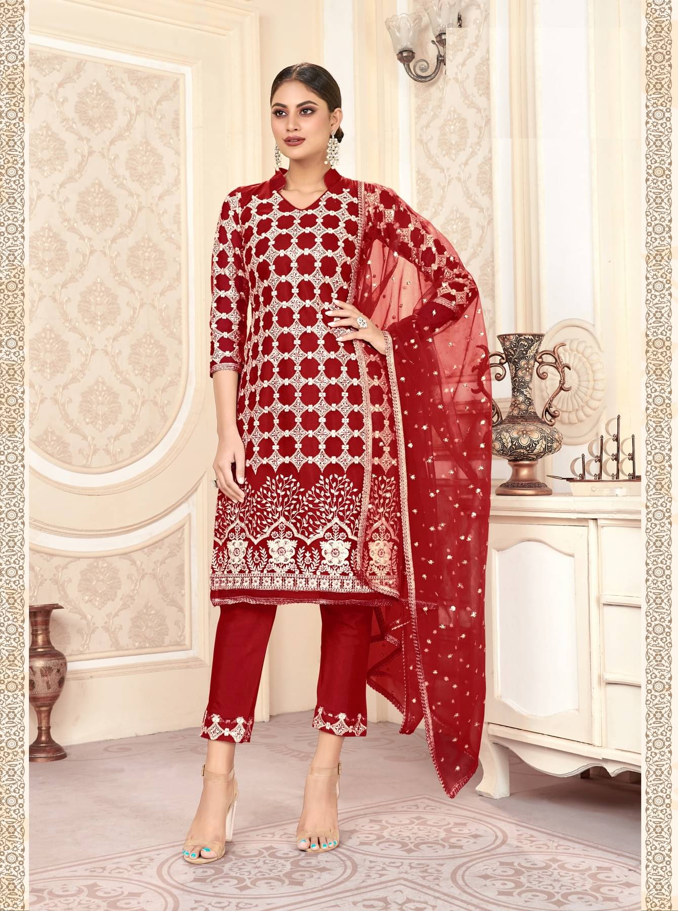 Varni Fabrics Unstitched Net Embroidered Dress Material - Maroon ( Pack of 1 ) Varni Fabrics Unstitched Net Embroidered Dress Material - Maroon ( Pack of 1 )