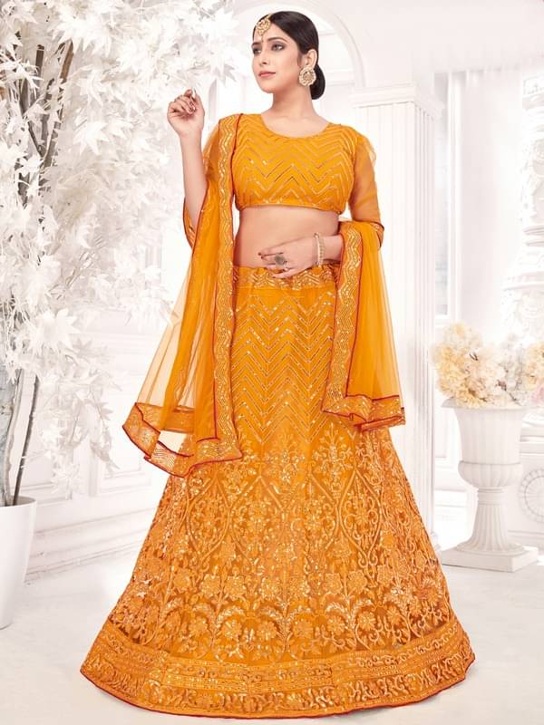     			Varni Fabrics Yellow Net Chaniya Choli Semi Stitched Lehenga Single