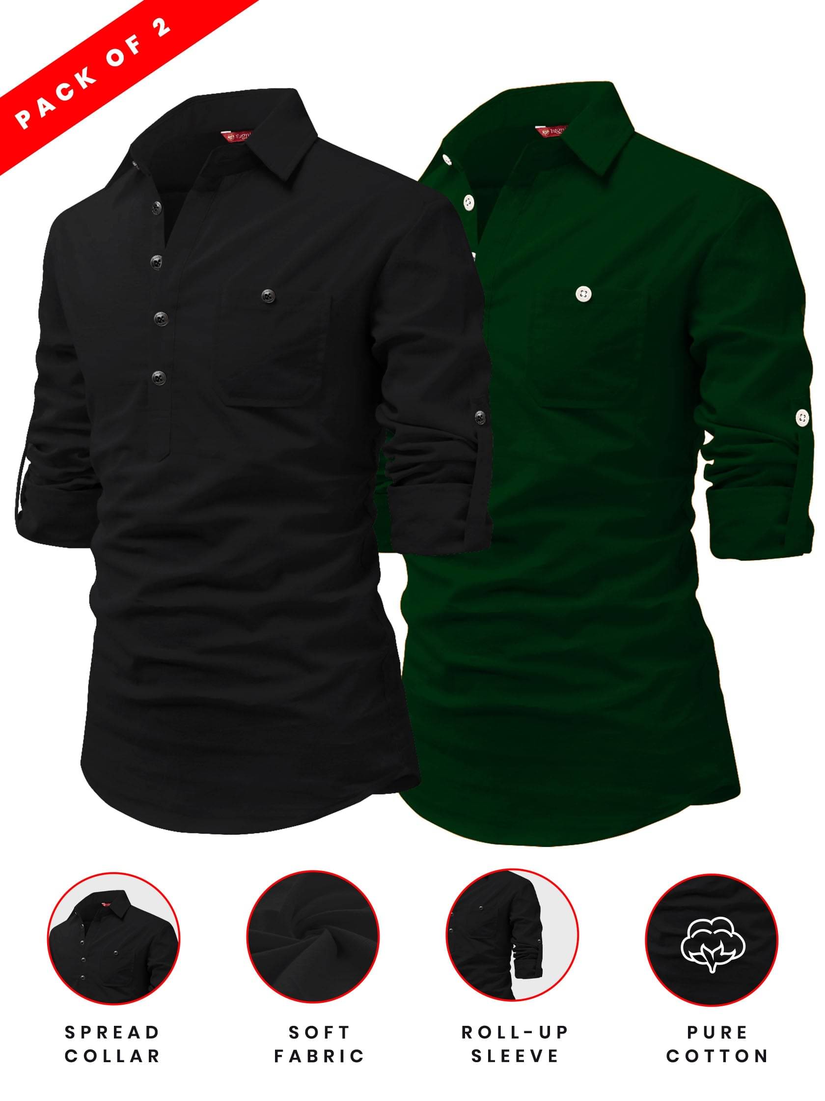     			Yugnik Green Cotton Men's Regular Kurta ( Pack of 2 )