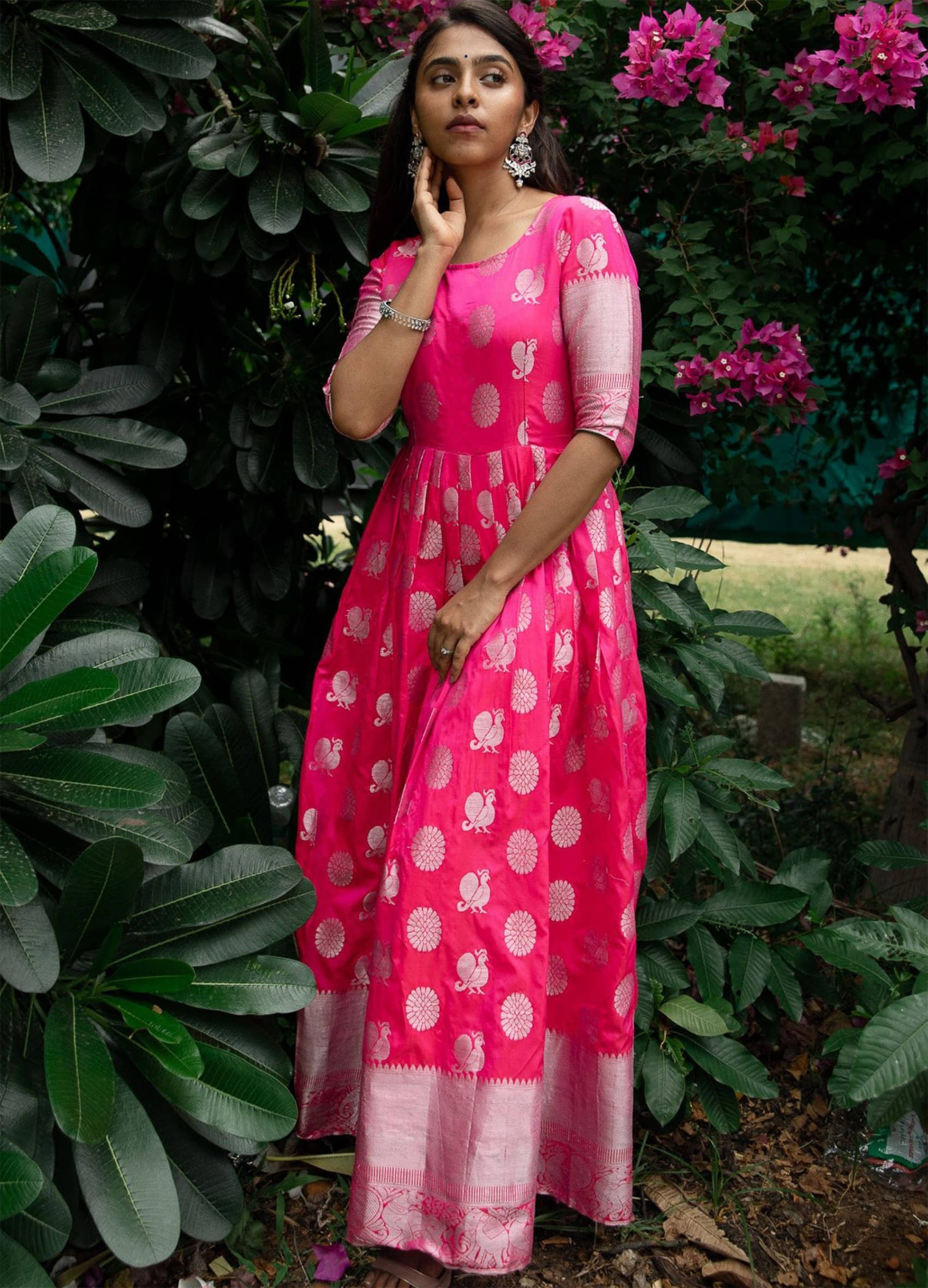 kedar fab Pink Anarkali Jacquard Women's Stitched Ethnic Gown ( Pack of 1 ) - Unstitched Fabrics | Buy online on ZillyBuy