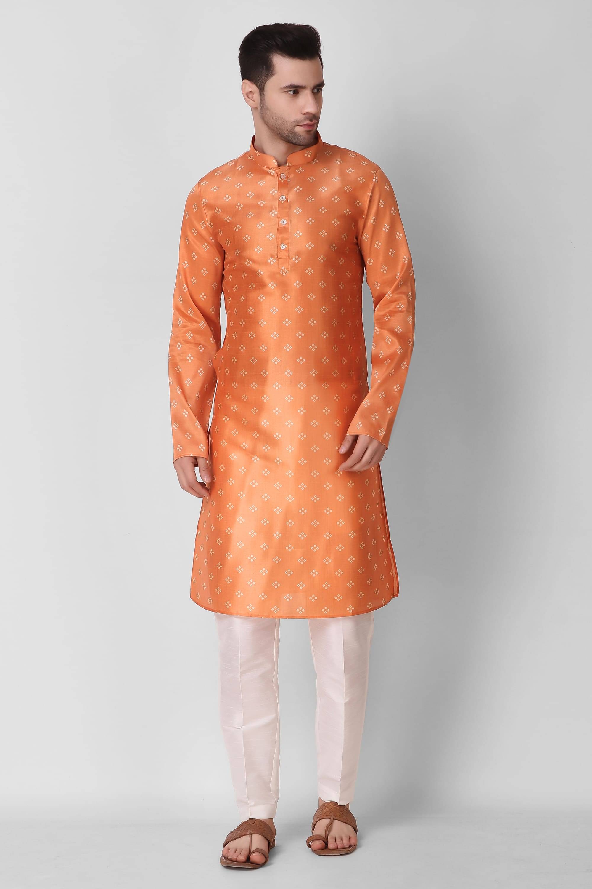 koshin Orange Silk Regular Fit Men's Kurta Pyjama Set ( Pack of 1 ) koshin Orange Silk Regular Fit Men's Kurta Pyjama Set ( Pack of 1 )
